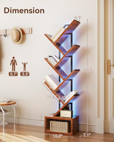 6-Tier Narrow Bookshelf with RGB LED Lights, Vintage Wood & Metal Bookcase