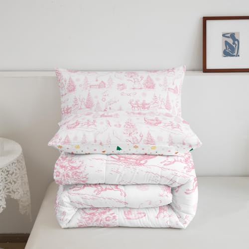 Castle Fairy Pink White Sketch Full Size Christmas Comforter Set with 2 Pillowcases, 79x90
