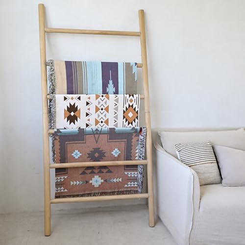 FUIN Rustic Wooden Blanket Ladder - 38in Wide, 6.4ft Tall, Knock Down Design