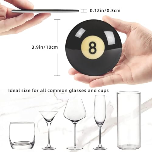 Sunwarshile Black 8 Billiard Leather Coaster Set with Holder, Round Drink Mats for Home & Bar