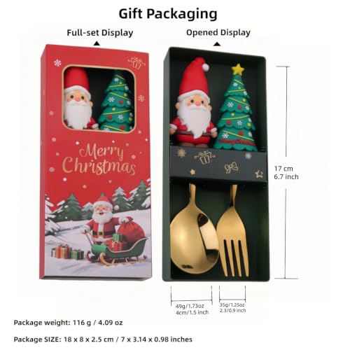 Christmas Gold Flatware Set 2 Pieces - Santa Spoon & Tree Fork with Silicone Handles