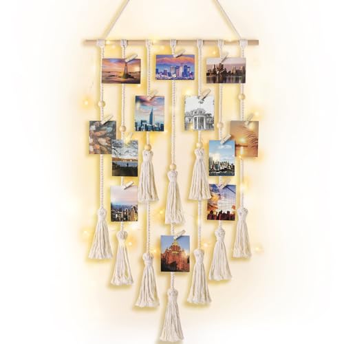 Macrame Hanging Photo Display with String Lights and 30 Wood Clips
