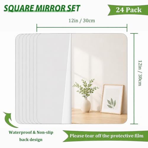 24-Piece 12x12 Inch Square Acrylic Mirror Tiles for Centerpieces and Wall Decor