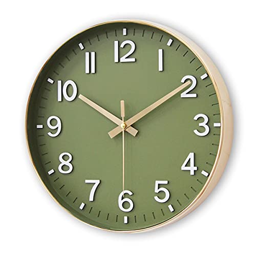 12-Inch Silent Non-Ticking Wall Clock, Olive Green and Gold Modern Decor