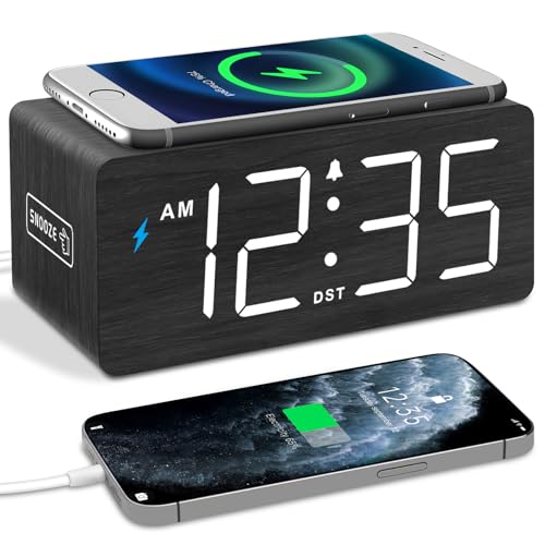 Wooden Digital Alarm Clock with Wireless Charging Station & USB Port