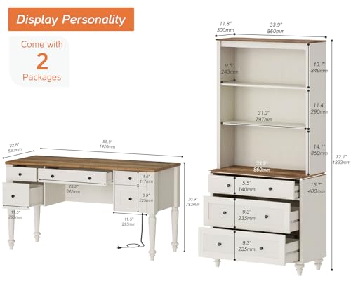 Farmhouse Executive Desk and 72-Inch Tall Bookcase Set with Charging Station