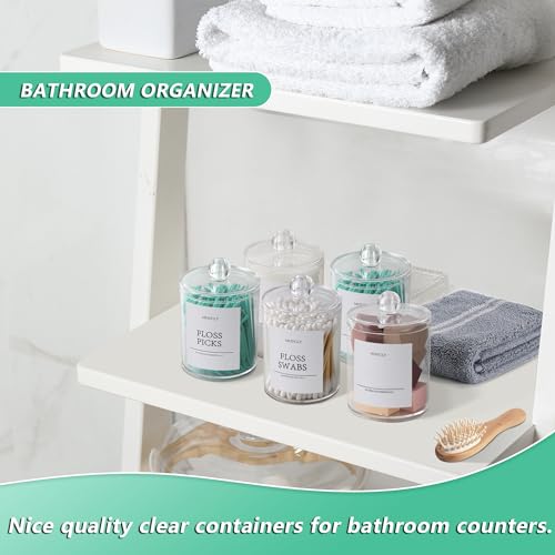 4 Pack Clear Bathroom Canister Set with Lids and Labels for Q-Tips and Cotton Rounds