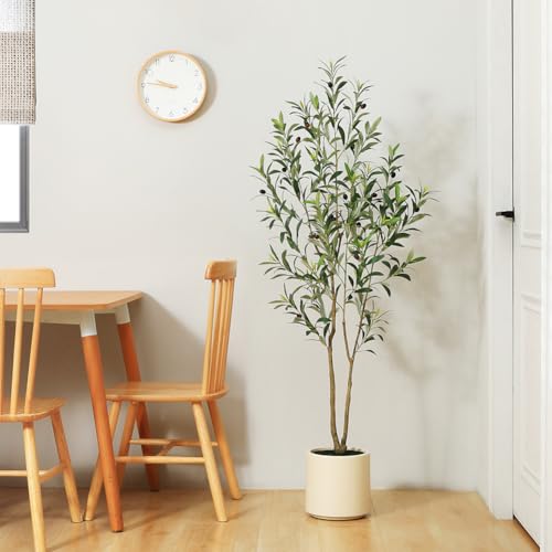 5 ft Artificial Olive Tree in White Planter - Faux Silk Plant for Home Decor