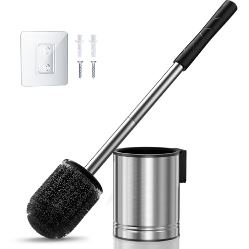 Compact Toilet Bowl Brush and Holder Set, Rustproof Stainless Steel Base, Silver