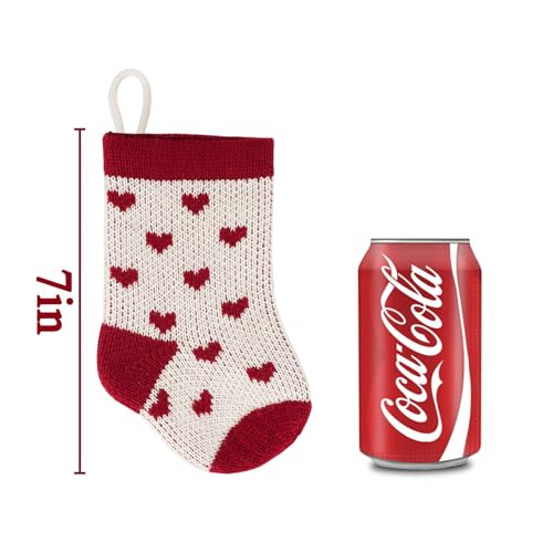 Mini Christmas Stockings 7 Inch Knitted Holiday Decor Set - Burgundy, Green & Ivory White