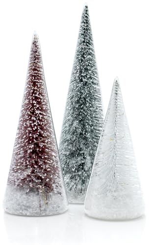 Red Co. Set of 3 Clear Glass Light-Up Christmas Tree Figurines with LED, Tinsel & Snow