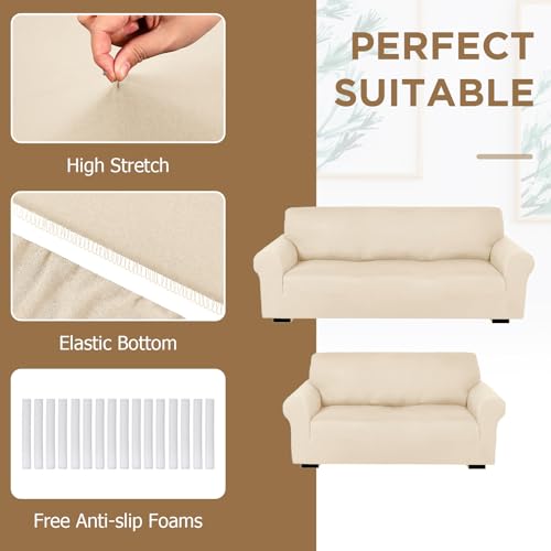 Sofa and Loveseat Covers Set - Cream, Stretchy Polyester & Spandex, Non-Slip, Machine Washable