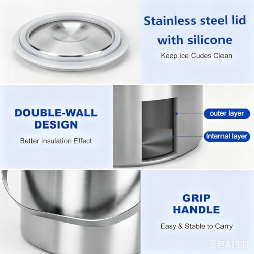 3L Double Wall Stainless Steel Ice Bucket with Lid, Scoop & Tongs - Portable