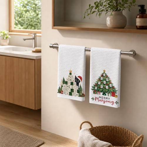 Santa Cat Mahjong Kitchen Towels Set of 2 - Christmas Dish Hand Towels 16 x 24 Inches