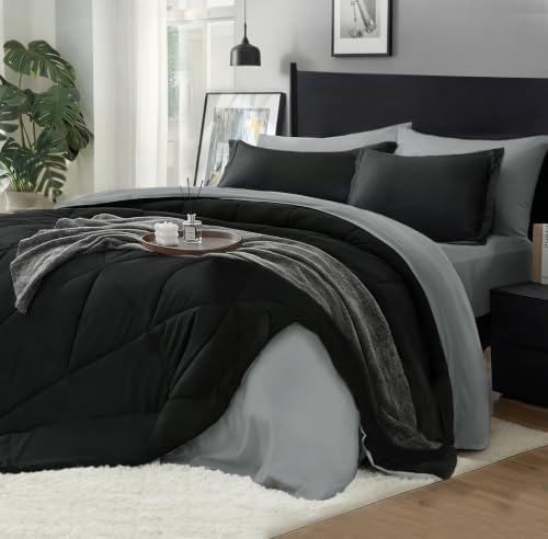 Queen Comforter Set 7-Piece - Reversible Black Bed in a Bag All Season