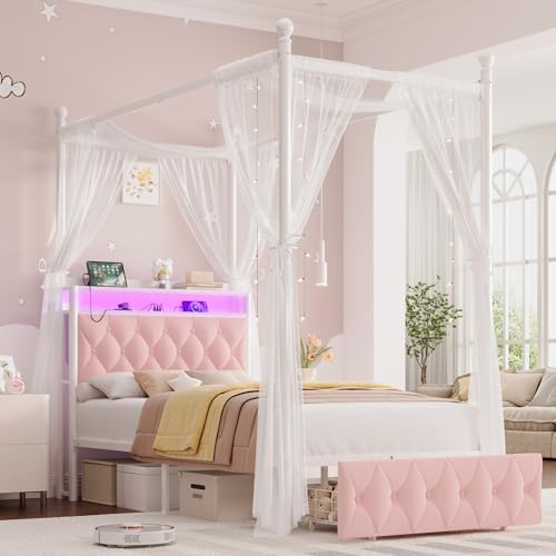 Twin Canopy Bed Frame with LED Lights, Storage Headboard & Charging Station