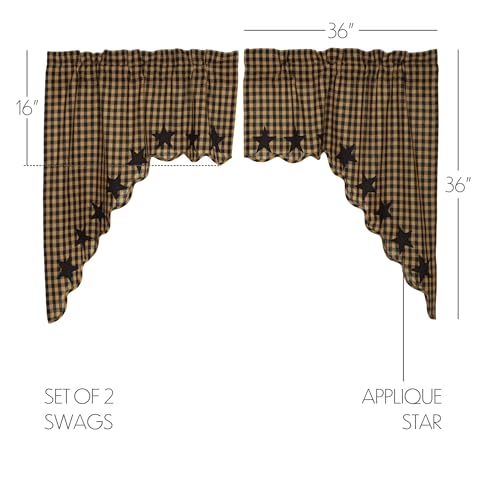 Black Star Cotton Window Swag Set, Buffalo Check Plaid Curtains, 36x36