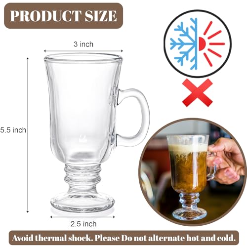 ZENFUN Set of 6 8oz Irish Coffee Glass Mugs with Handles - 3 Inch Footed Clear Espresso Cups