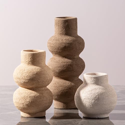 Modern Farmhouse Ceramic Flower Vase Set of 3 - Decorative Table Centerpiece