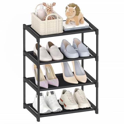 4-Tier Narrow Shoe Rack - Stackable Small Space Storage Shelf (16.3" Wide)