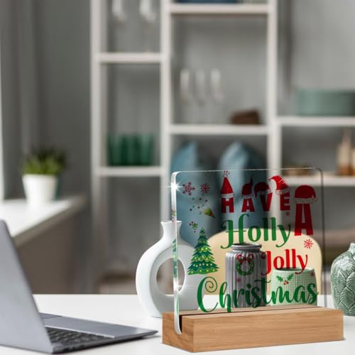 AKFVNSFK Holly Acrylic Desk Sign 4x4 in with Wooden Base – Red & Green Christmas Decor