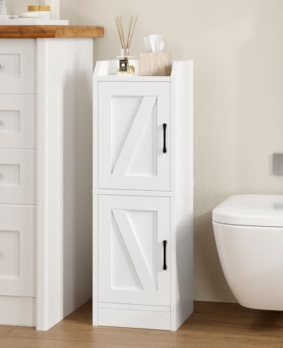 AURINEST White Wood Narrow Bathroom Storage Cabinet with 2 Doors, Slim Shelves, 29.5"H