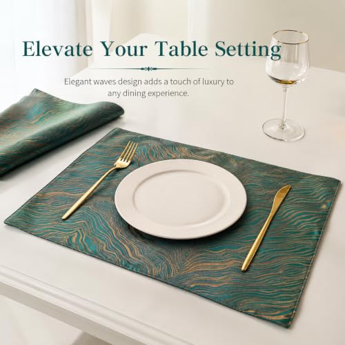 Green Pine Jacquard Placemats Set of 4 – Reversible 12x18 in, Gold Ripple Motif