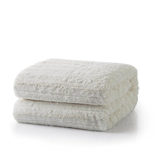 Tache White Creamy Ivory Polar Faux Fur Blanket Throw 63x87 | Double-Layer Sherpa Back