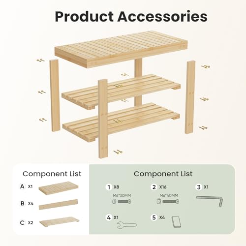 3-Tier Bamboo Shoe Rack Bench, Entryway Storage Organizer Seat