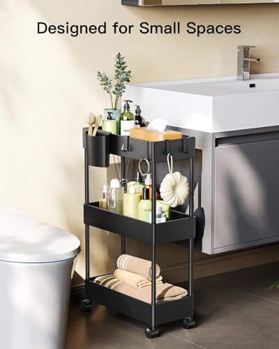 3-Tier Slim Rolling Storage Cart with Wheels & Hooks for Narrow Spaces, Black