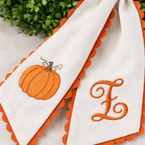 Halloween Pumpkin Wreath Sash - Fall Front Door Decor with Embroidered Trim
