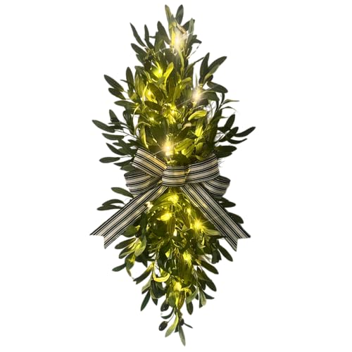 26-Inch Lighted Olive Leaf Swag with Timer and Striped Bow