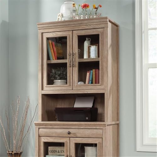 Engineered Wood Library Hutch with Glass Doors in Brushed Oak Finish