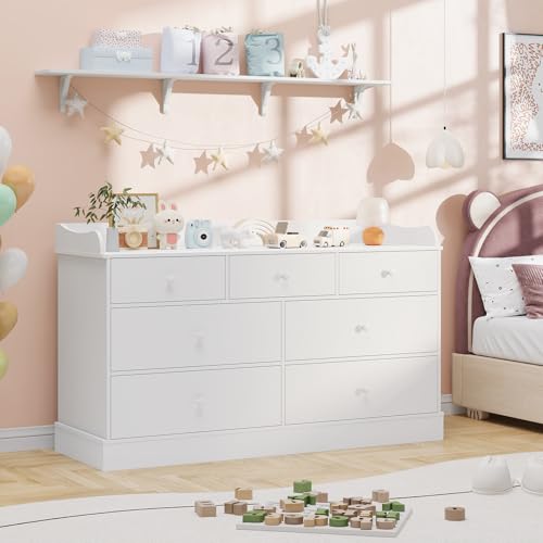 7-Drawer Kids Dresser with Raised Edge Top - White Nursery Storage Cabinet