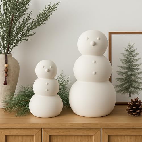 Yalikop 2 Pack White Ceramic Snowman Figurines Christmas Decor Set