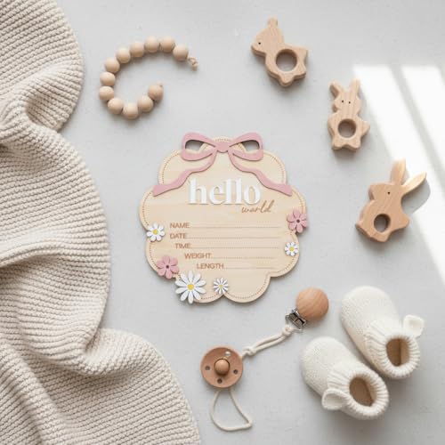 Wooden Baby Birth Announcement Sign - Cloud Shape with Pink Bow