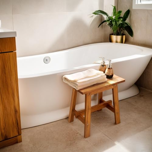 18-Inch Rectangular Acacia Wood Stool - Small Bathroom & Entryway Bench