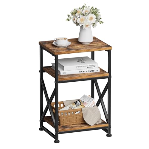 3-Tier Rustic Side Table with Open Shelves, Compact End Table Nightstand