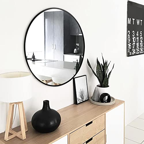 20-Inch Round Wall Mirror, Matte Black Metal Framed Circle Bathroom Mirror