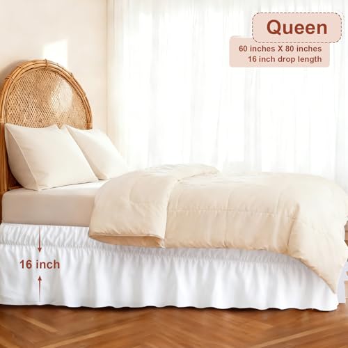 Queen Wrap-Around Bed Skirt with Elastic Strap - 16 Inch Drop Ruffle White
