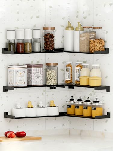 Set of 6 Corner Floating Shelves, Wall Mounted Rustic Wood Storage Shelves