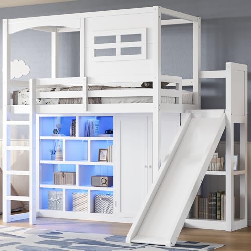 Twin Size Wood House Loft Bed with Wardrobe, Slide, and LED Lights