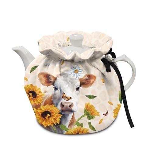 Sunflower Cow Print Teapot Thermal Cover - Insulated Kettle Tea Cozy