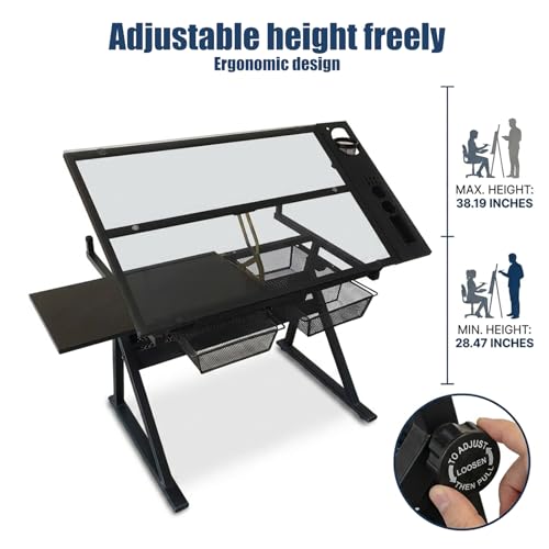 Adjustable Drafting Table with Stool, Tiltable Glass Top Art Workstation