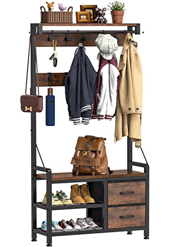 Rustic Hall Tree with Bench, Shoe Storage, 17 Hooks and 2 Drawers