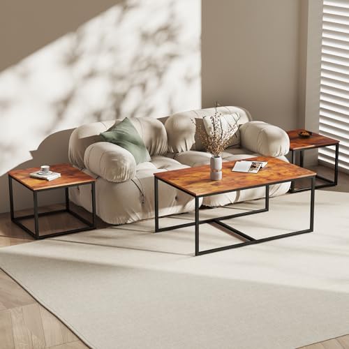 3-Piece Industrial Nesting Coffee Table Set, Space-Saving Wood Side Tables