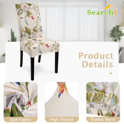 Stretch Chair Covers Set of 4, Washable Spandex Protector for Dining Room - Beige Floral