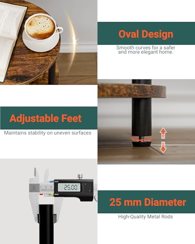 3-Tier Oval Side Table, Rustic Wood and Metal End Table for Small Spaces