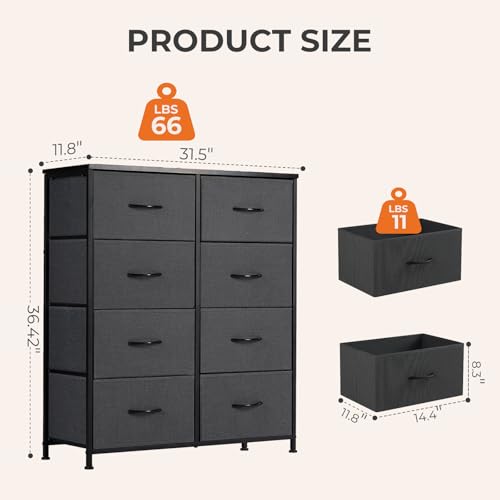 Sweetcrispy 8 Drawer Tall Dresser, Black Fabric Storage Tower with Wood Top