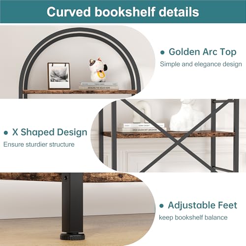5-Tier Arched Bookshelf, Industrial Metal and Wood Bookcase Storage Organizer